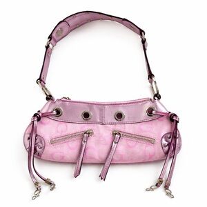 GUESS Super Mini Metallic Pink Jacquard G Monogram Grommet Bag